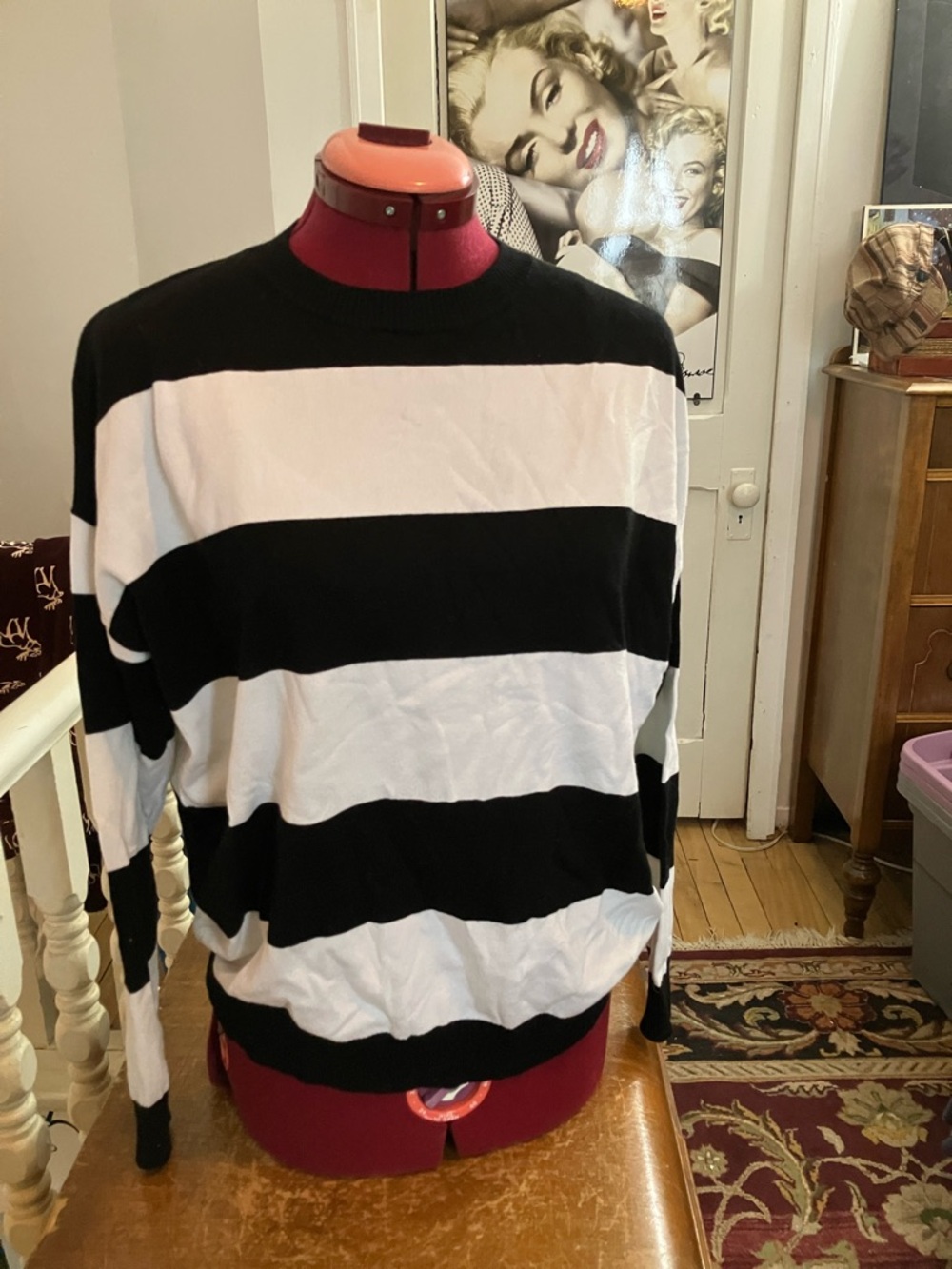 Twik Black and White Striped Crewneck Sweater